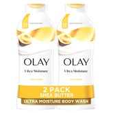 OLAY Ultra Moisture Body Wash bottle with Shea Butter delivering spa-soft hydration.