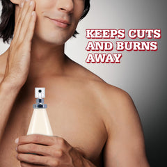 Old Spice After Shave Lotion Original applied on cheek for soothing post-shave comfort.