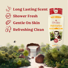 Old Spice cleansing body wash scent-notes closeup highlighting blackberry vanilla lasting fragrance.
