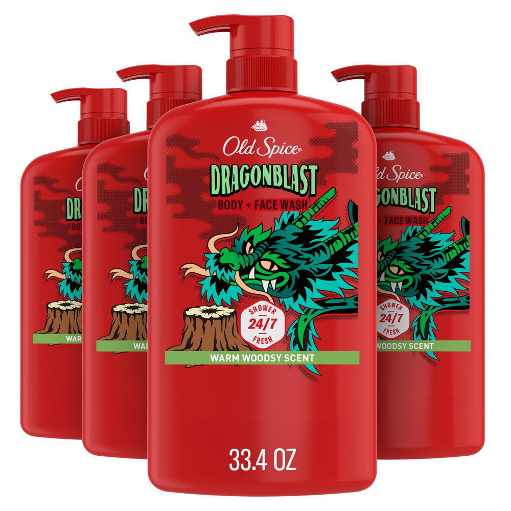 Old Spice Dragonblast bottle front highlights bold 3X Defense and lasting scent.