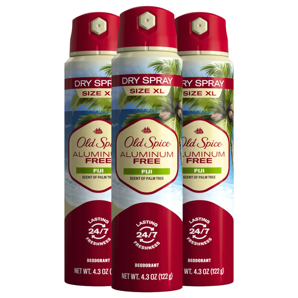 Old Spice Fiji dry spray bottle closeup for all-day freshness.