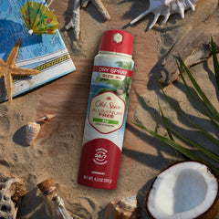 Old Spice Fiji dry spray pack of three on display for value.