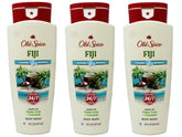 Old Spice Fresher Collection Fiji body wash bottle shows triple-pack value for family showers.