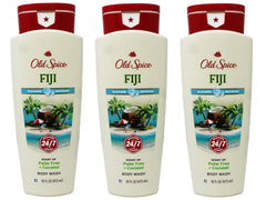 Old Spice Fresher Collection Fiji body wash bottle shows triple-pack value for family showers.