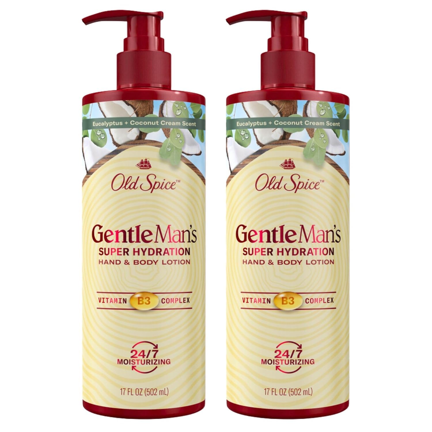 Old Spice Hand & Body Lotion for Men packaging highlights 2-pack value and Gentleman's Blend hydration.