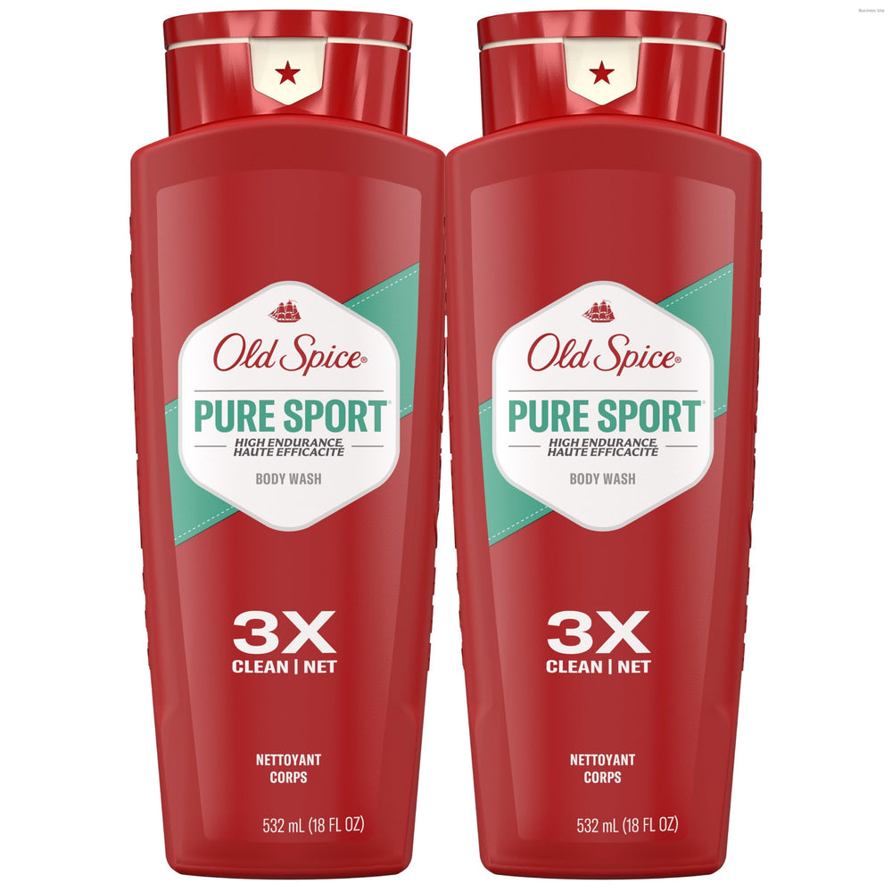 Old Spice High Endurance two-pack body wash bottle on shelf for daily freshness.