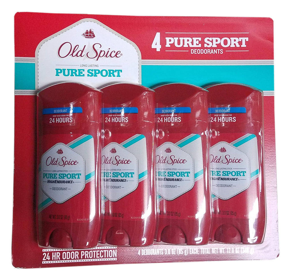 Old Spice High Endurance Pure Sport stick packaging shows rugged design for all-day protection.