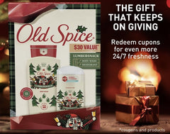 Old Spice Lumbersnack body wash bottle delivers invigorating pine aroma for morning showers.