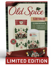 Old Spice Lumbersnack gift-set packaging highlights rugged pine scent for holiday gifting.