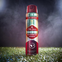 Old Spice Pure Sport Plus application spray in action for quick-dry feel.