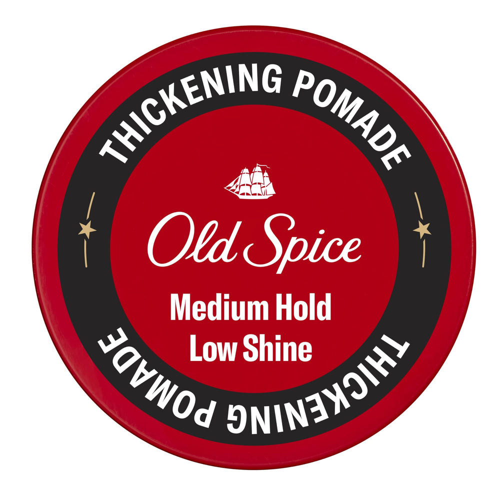 Old Spice Thickening Pomade bottle-pour demonstrates easy, mess-free application for quick styling.