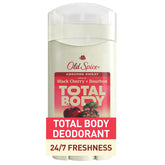 Old Spice Total Body Deodorant bottle close-up highlighting aluminum-free formula for all-over protection.