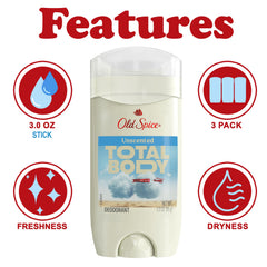 Old Spice unscented total body deodorant stick applied to skin for all-over odor control.