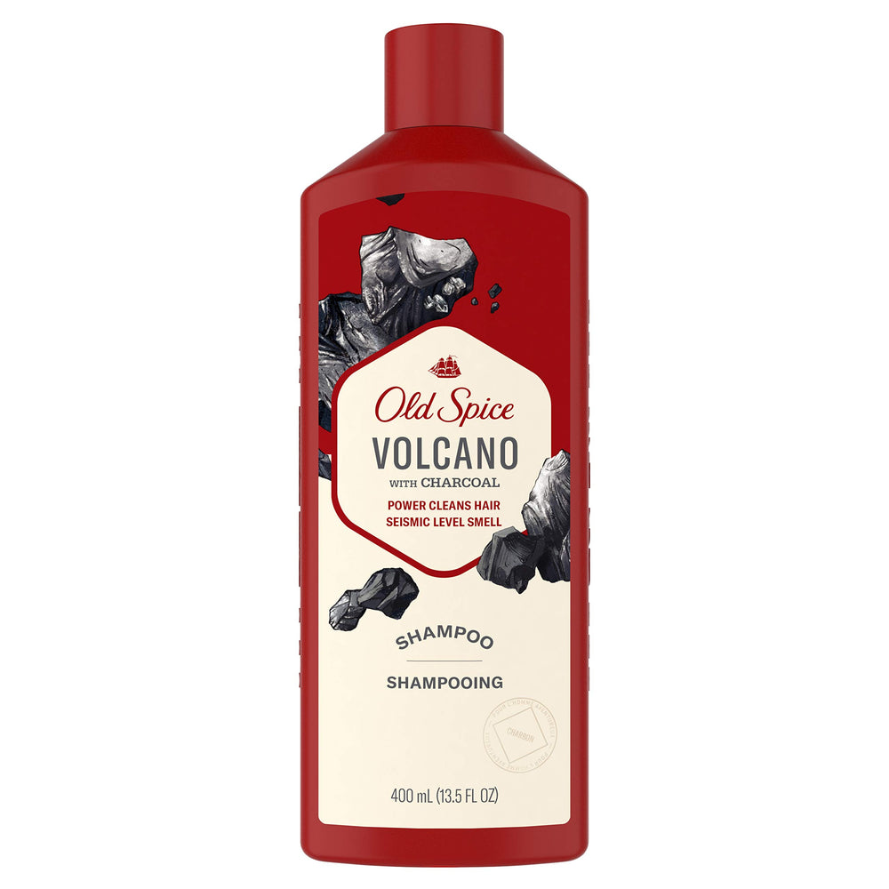 Old Spice Volcano Charcoal Shampoo bottle shows charcoal-cleanse for refreshed barber-quality results