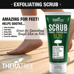 Person applying Oleavine TheraTree scrub to feet for potential odor control and refresh