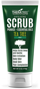 Oleavine TheraTree Tea Tree Scrub bottle shows exfoliation for smoother skin and refreshing scent