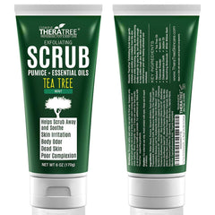 Hand holding Oleavine TheraTree scrub texture demonstrating micro pumice exfoliation