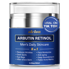 OLELON 8-in-1 face cream bottle close-up for men, anti-aging skincare in action.