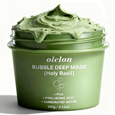 OLELON Holy Basil Bubble Deep Mask foam close-up showing transforming texture for deep cleansing.