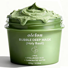 OLELON Holy Basil Bubble Deep Mask foam close-up showing transforming texture for deep cleansing.