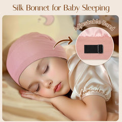 OLESILK adjustable strap bonnet pink highlights secure fit through night.