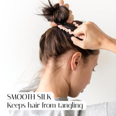 OLESILK mulberry silk hair tie detail; elastic inside helps keep hair in place without damage.