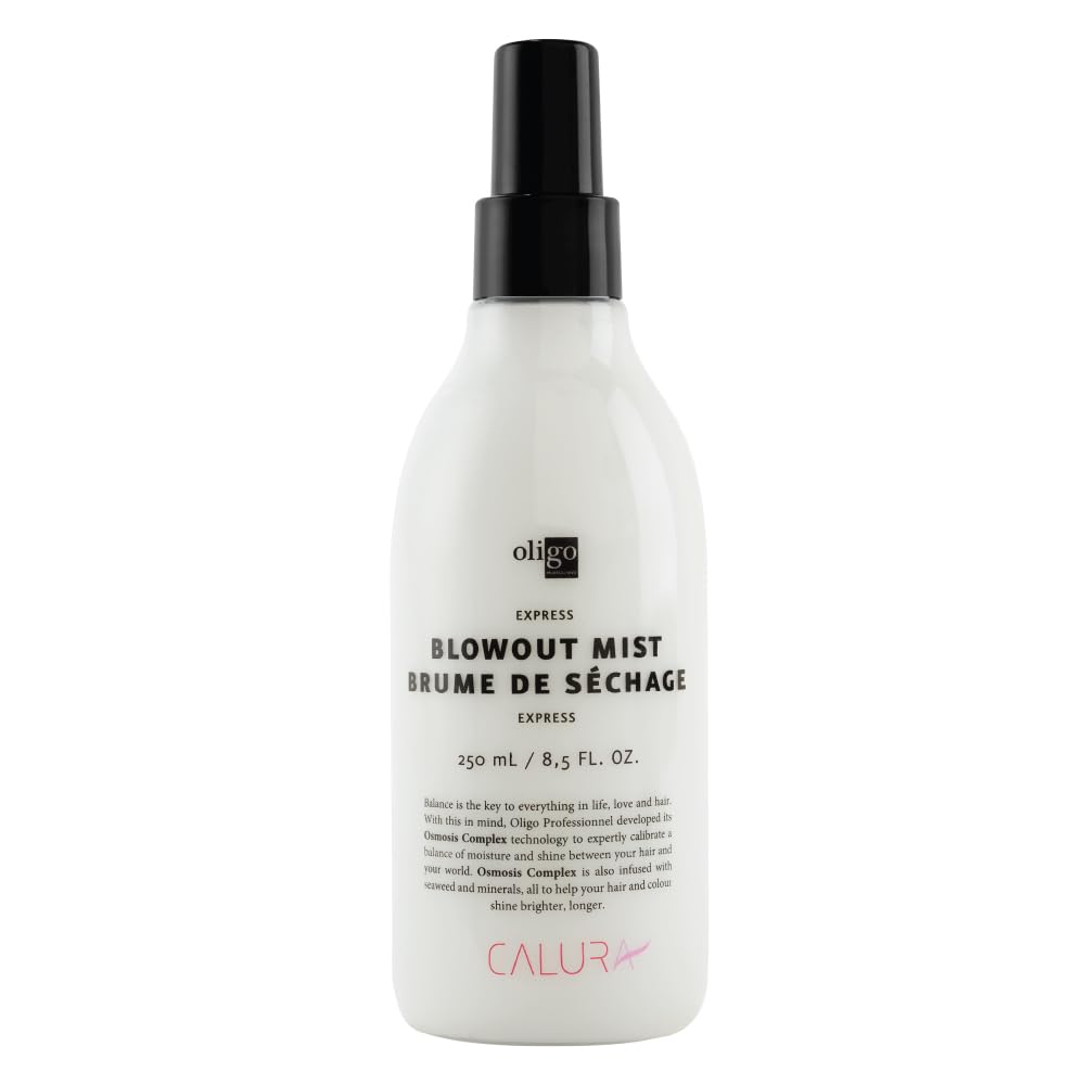 Oligo Professionnel Calura Blowout Mist bottle demonstrates mineral-infused heat protection for smooth styling