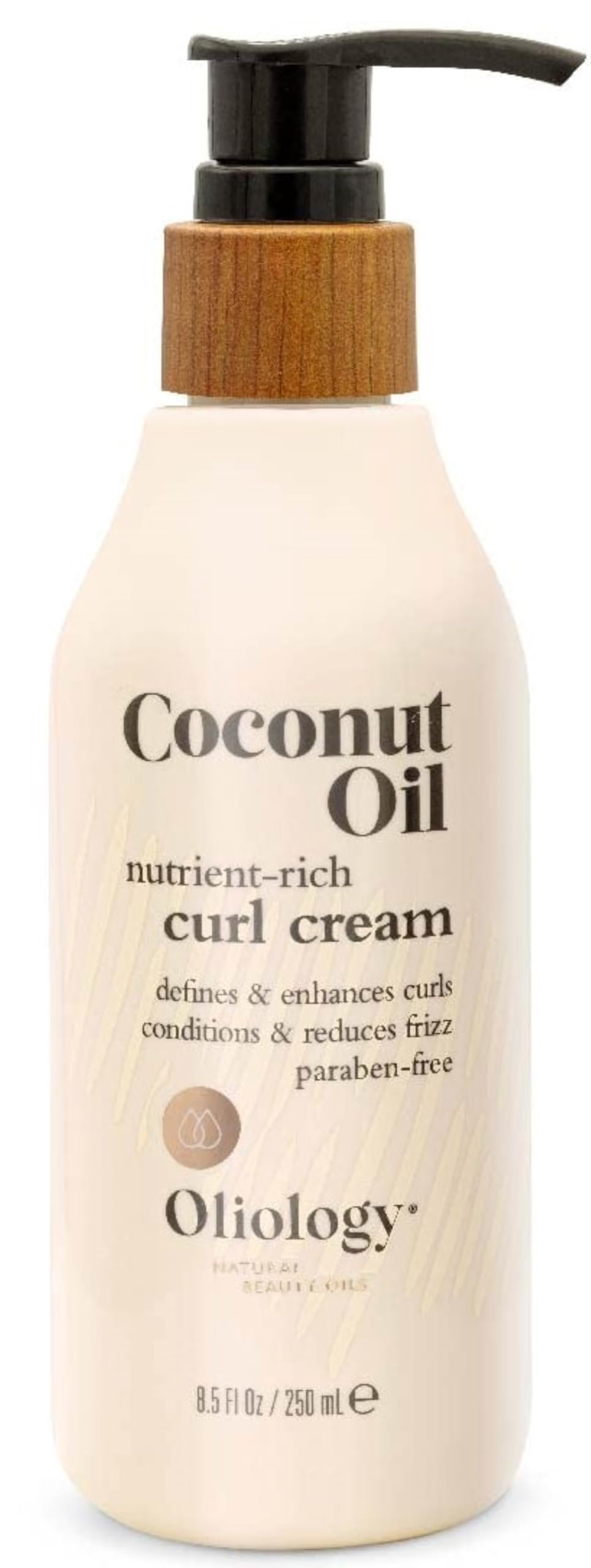 Oliology Coconut Oil Curl Cream bottle shows lightweight hold for defined curls.