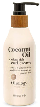Oliology Coconut Oil Curl Cream bottle shows lightweight hold for defined curls.