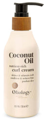 Oliology Coconut Oil Curl Cream bottle shows lightweight hold for defined curls.