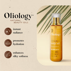 Oliology Vanilla Almond Body Oil ingredients closeup highlights coconut and sweet almond for nourishment