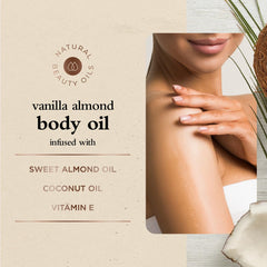 Oliology Vanilla Almond Body Oil pump-dispense demonstrates easy, non-greasy application