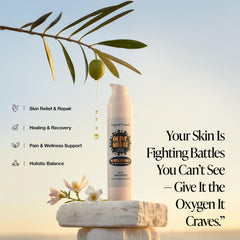 Olive Gold 03 ozonated oil closeup emphasizes revitalizing ozone molecules.
