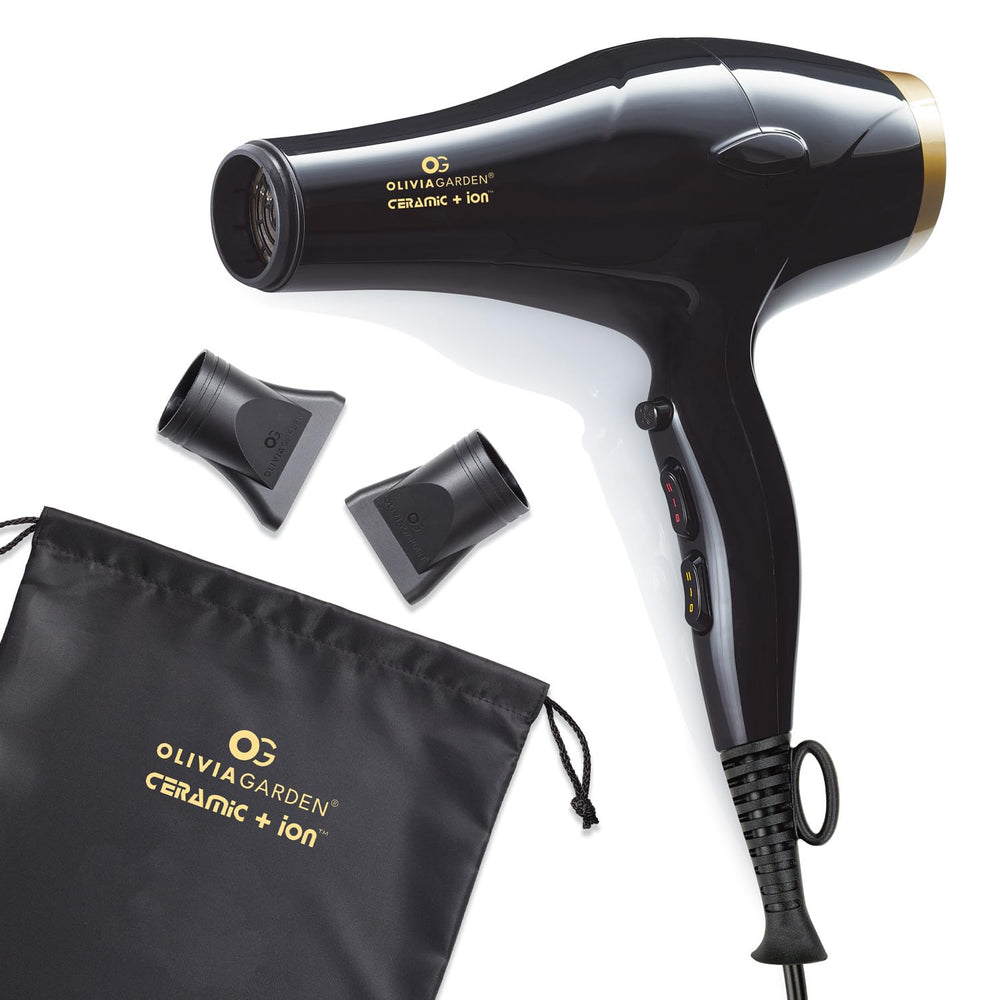 Olivia Garden 1875W dryer front view shows powerful airflow for quick drying