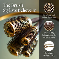 Olivia Garden round brush vented barrel promotes airflow for faster drying and long-lasting shape.