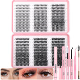 OLLAVO lash clusters kit contents shown: lashes, bond, seal, remover, tweezers, brush for easy DIY lash extensions.