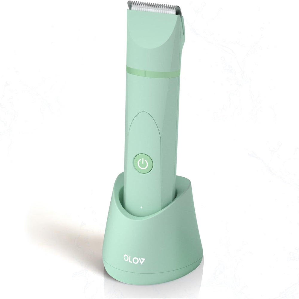 OLOV electric body hair trimmer closeup showing ceramic blade for smooth trimming