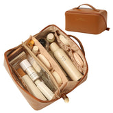 Omeily travel makeup bag demonstrates large capacity for full-size cosmetics on trips.