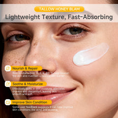 Omnifacile beef tallow honey balm being dabbed on hand for quick skin absorption.