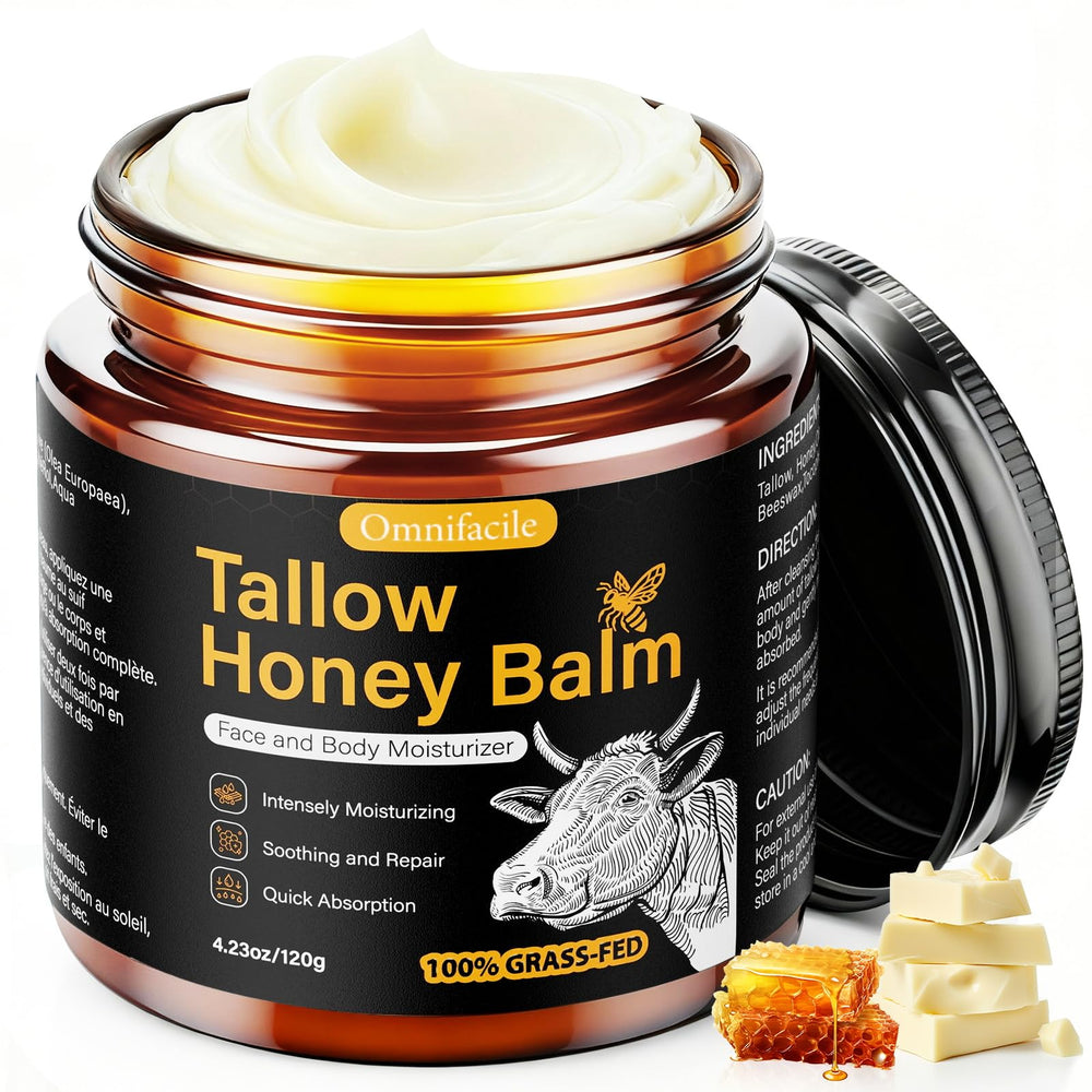 Omnifacile beef tallow honey balm jar closeup showcasing rich hydration for dry skin.
