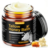 Omnifacile beef tallow honey balm jar closeup showcasing rich hydration for dry skin.