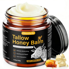 Omnifacile beef tallow honey balm jar closeup showcasing rich hydration for dry skin.