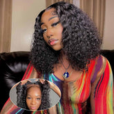 Omswet curly bob wig 14inch lace-closure close-up showing seamless blend and natural part.