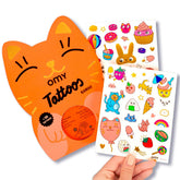 Omy Kawaii tattoos pack front cover shows 50 colorful designs for kids' party fun