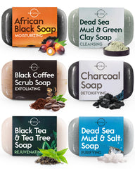 O NATURALS gift-set box featuring six black soap bars for at-home spa routines.
