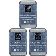 One With Nature activated charcoal soap closeup showing detoxifying charcoal for clearer skin