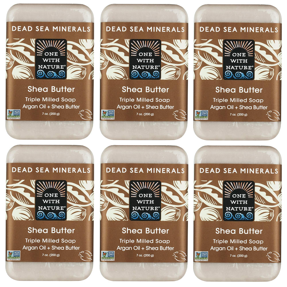 One With Nature Dead Sea Mineral Soap bar close-up highlighting moisturizing shea butter for daily cleansing