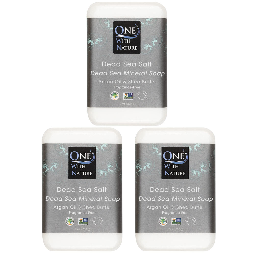 One With Nature Dead Sea Salt Soap bar closeup shows mineral-rich exfoliation for smoother skin.