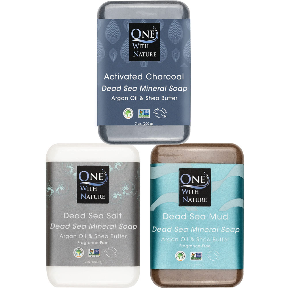 One With Nature Dead Sea Soap 3pk shot showcasing mud, charcoal, and salt bars for detox and exfoliation.