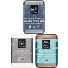 One With Nature Dead Sea Soap 3pk shot showcasing mud, charcoal, and salt bars for detox and exfoliation.